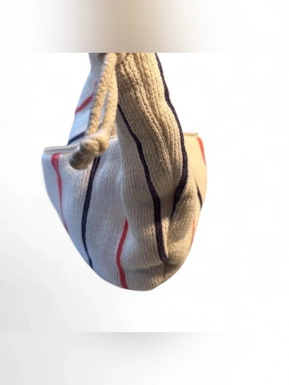 Cream Striped Knit Hobo Bag with Red & Navy Accents